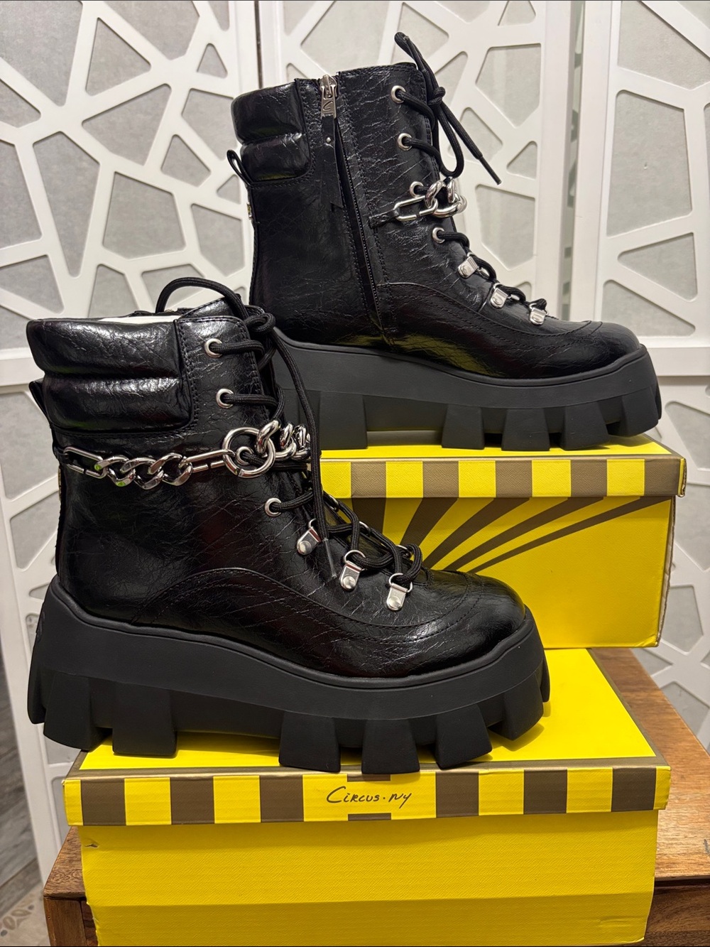 Women’s Black Platform Combat Boots with Chain Accent
